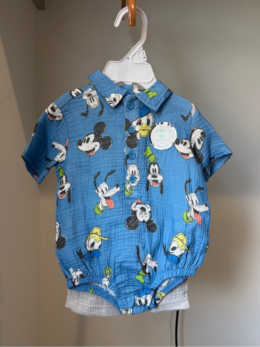 NWT, Disney Baby Short-Sleeve Polo Romper and Shorts, 0-3 months